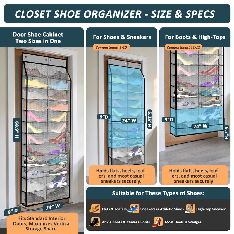 Kotkn 24-Pair Over Door Shoe Organizer for Family & Kids, Double Sided | Hanging Storage for Sneakers, Boots, Toys & Room Organization-Graphite Gray - Image 2