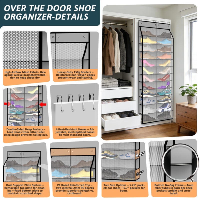 Kotkn 24-Pair Over Door Shoe Organizer for Family & Kids, Double Sided | Hanging Storage for Sneakers, Boots, Toys & Room Organization-Graphite Gray - Image 3