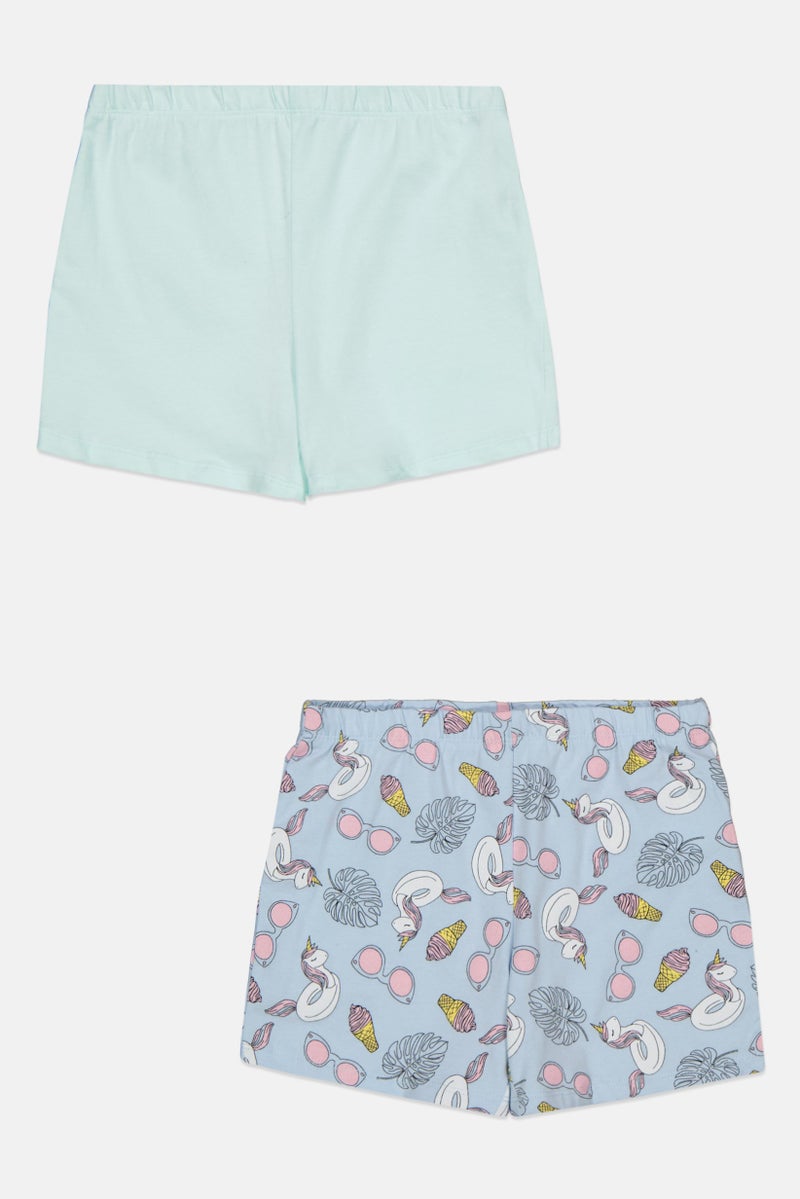 Sinsay Kids Girls 2 Pack Graphic Printed Pull On Shorts, Blue/Light Green  - Image 1