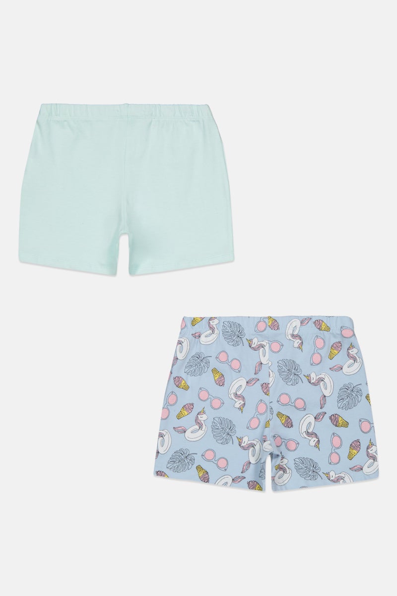 Sinsay Kids Girls 2 Pack Graphic Printed Pull On Shorts, Blue/Light Green  - Image 2