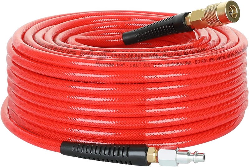 Hromee 1/4-Inch x 100 Feet Polyurethane Air Hose with Bend Restrictors PU Compressor Hose with 1/4" Industrial Quick Coupler and Plug Kit, Red - Image 1