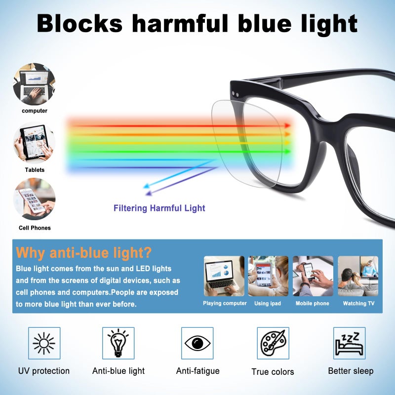 Chofilord 6 Pack Fashion Reading Glasses For Women Men Blue Light Blocking Oversized Square Readers With Spring Hinge (6 Pack Black  2.00) - Image 3