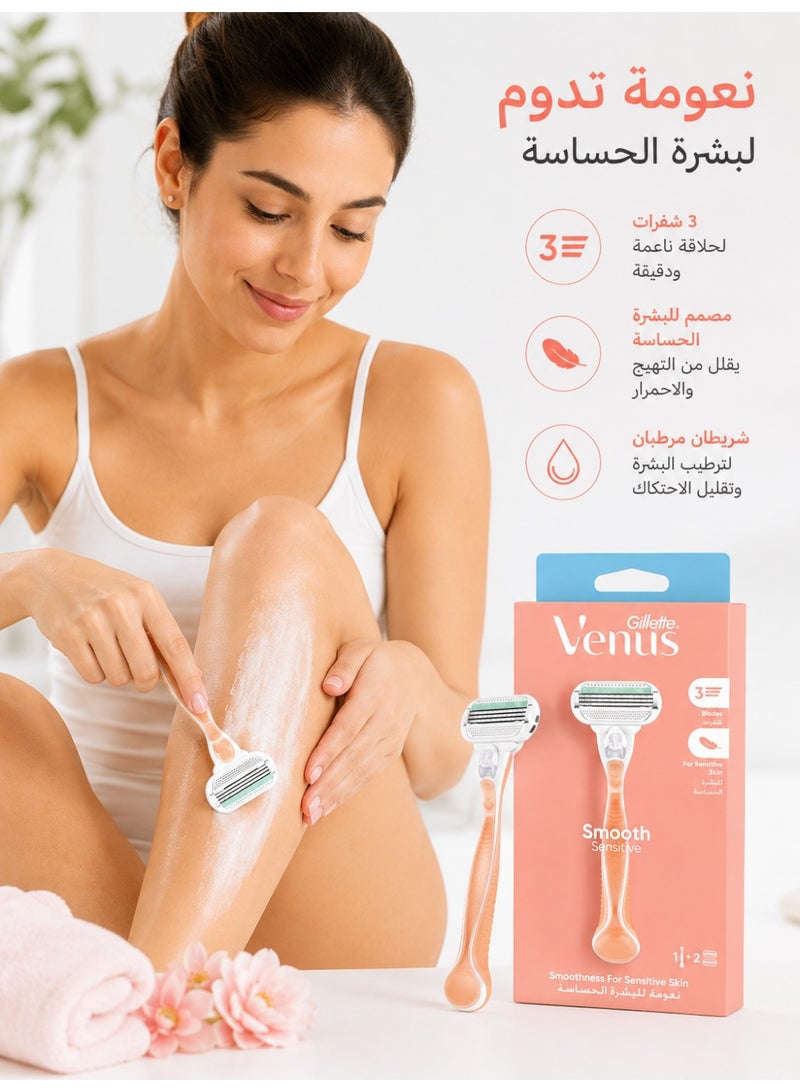 فينوس Venus Smooth Sensitive مقبض ماكينة حلاقة نسائية مع 2 شفرة غيار، وردي - Image 3