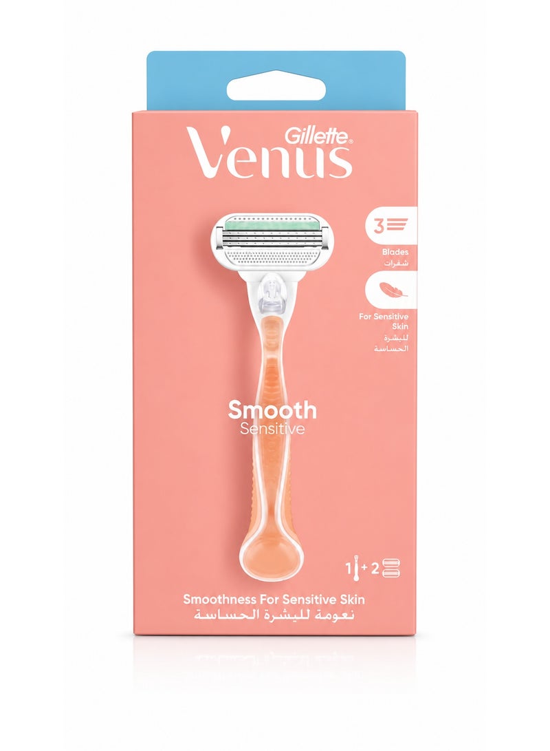 فينوس Venus Smooth Sensitive مقبض ماكينة حلاقة نسائية مع 2 شفرة غيار، وردي - Image 1