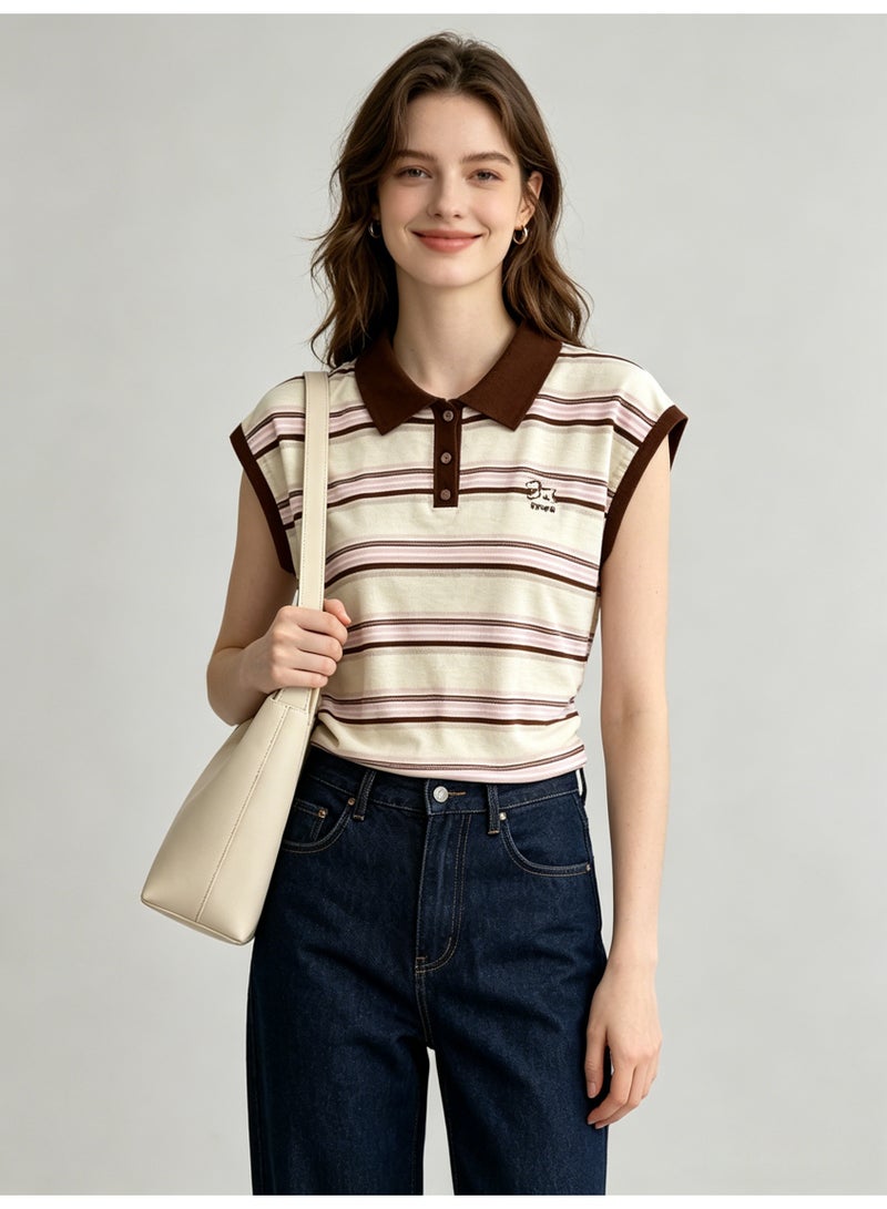 زارا ZARA Women’s Striped Color Block Sleeveless Polo Top with Embroidery Logo - Image 1
