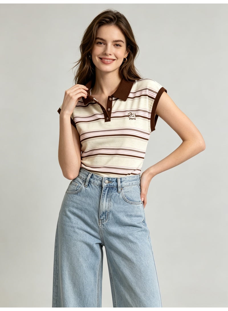 زارا ZARA Women’s Striped Color Block Sleeveless Polo Top with Embroidery Logo - Image 5