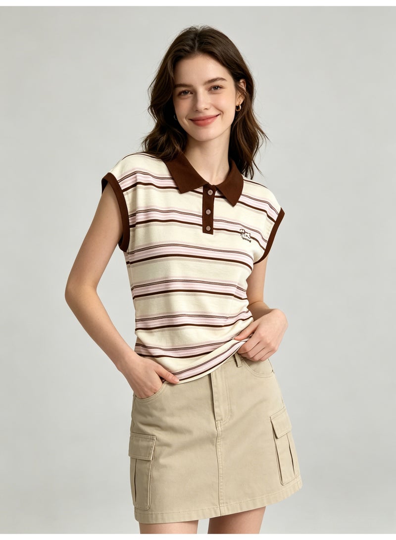 زارا ZARA Women’s Striped Color Block Sleeveless Polo Top with Embroidery Logo - Image 2