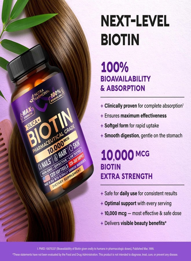 NUTRAHARMONY Biotin 10000mcg with Silicon - Pharmaceutical Grade Biotin Supplement for Women - Hair Growth Support, Skin & Nails - Max Strength & 100% Bioavailability - Made in USA - 120 Softgels, 120 Days Supply - Image 5