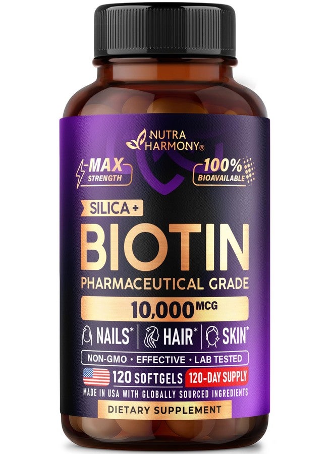 NUTRAHARMONY Biotin 10000mcg with Silicon - Pharmaceutical Grade Biotin Supplement for Women - Hair Growth Support, Skin & Nails - Max Strength & 100% Bioavailability - Made in USA - 120 Softgels, 120 Days Supply - Image 1