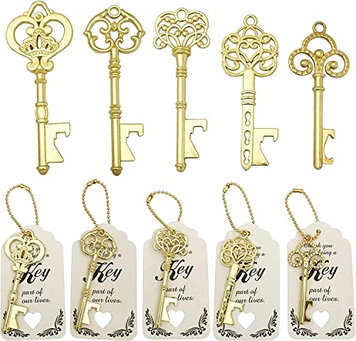 WODEGIFT 50 PCS Key Bottle Openers,Bridal Shower Favors,Rustic Wedding Favors,Gifts,Decorations or Souvenirs for guests Bulk ,Bridal Shower Party Favors with Card Tag and Chains (Gold) - Image 1