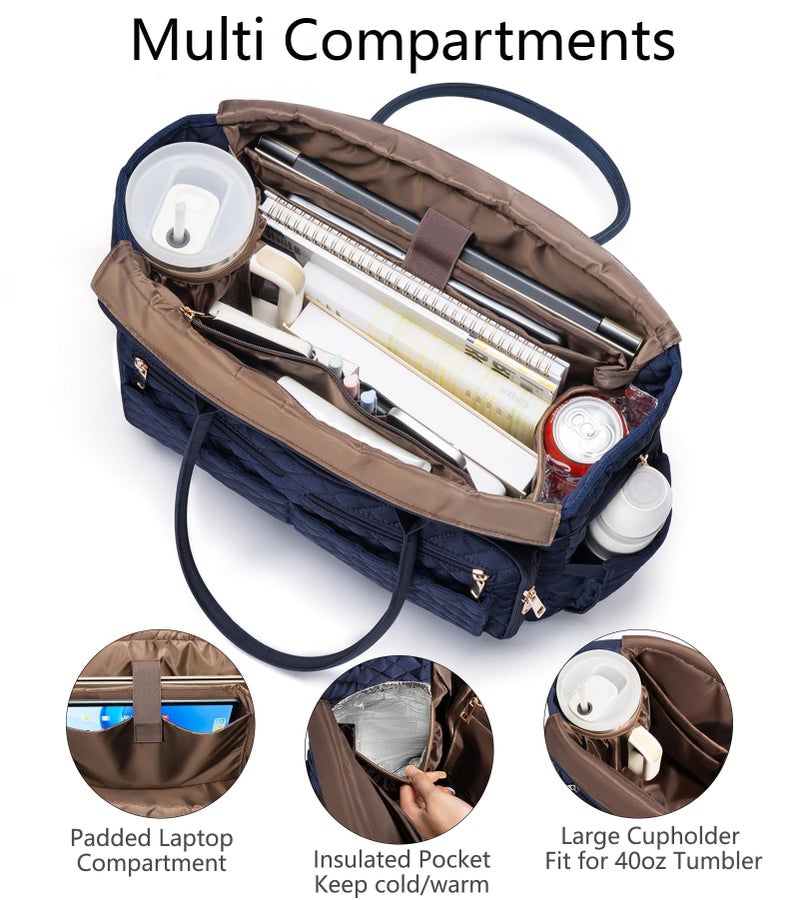 Bagstellar Teacher Tote Bags for Women, 15.6 inch Laptop Work Tote Nurse Bible Bag With Large Cup Holder & Insulated Pocket Quilted Shoulder Handbag Laptop Briefcase for Work, Daily, School, Travel, Gifts - Image 3