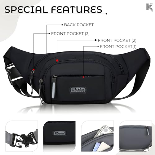 Kraptick Premium Unisex Waist Bag for Men and Women - Stylish Fanny Pack, Hip Bag, Outdoor Waist Bag (Black) - Image 5