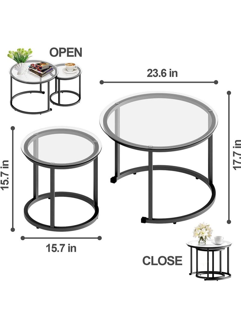 AGD Nesting Glass Coffee Table Set of 2, Modern Round Metal Side Table for Living Room Bedroom Small Apartment Areas with Glass Top and Metal Frame - Image 3