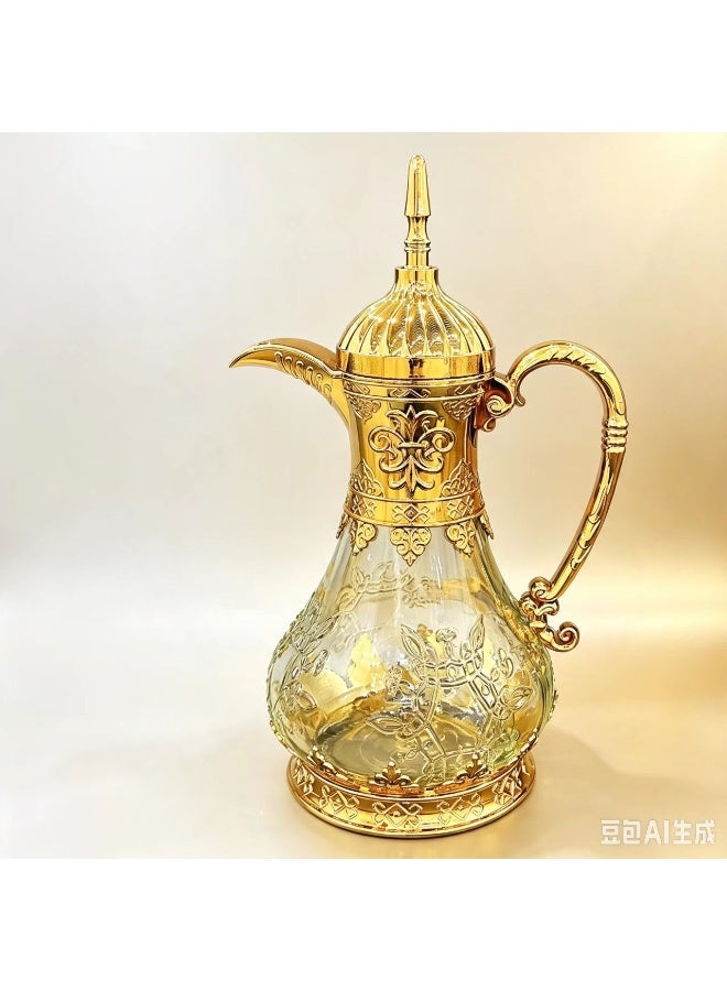 Luxury Arabic Style Glass Water Jug with Golden Electroplated Alloy Details, Embossed Floral Design - Image 3