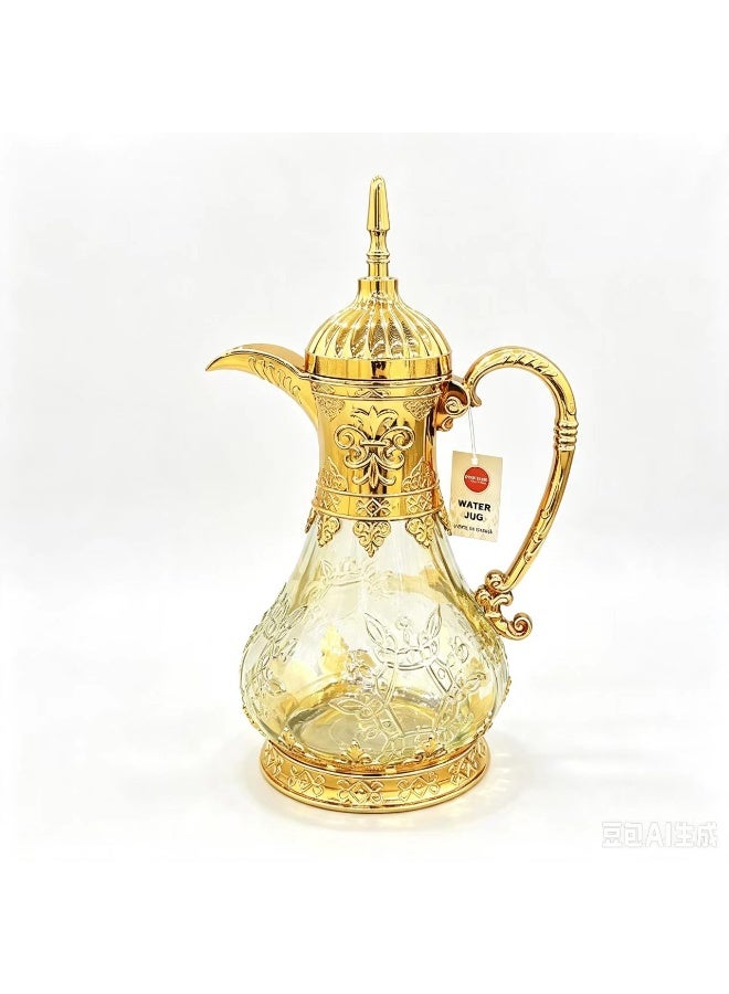 Luxury Arabic Style Glass Water Jug with Golden Electroplated Alloy Details, Embossed Floral Design - Image 4