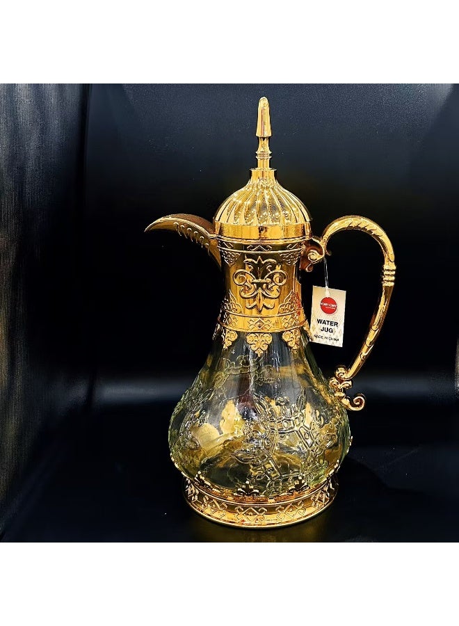 Luxury Arabic Style Glass Water Jug with Golden Electroplated Alloy Details, Embossed Floral Design - Image 5