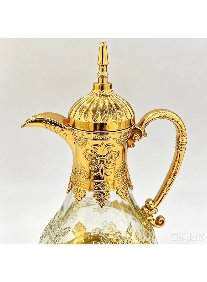 Luxury Arabic Style Glass Water Jug with Golden Electroplated Alloy Details, Embossed Floral Design - Image 2