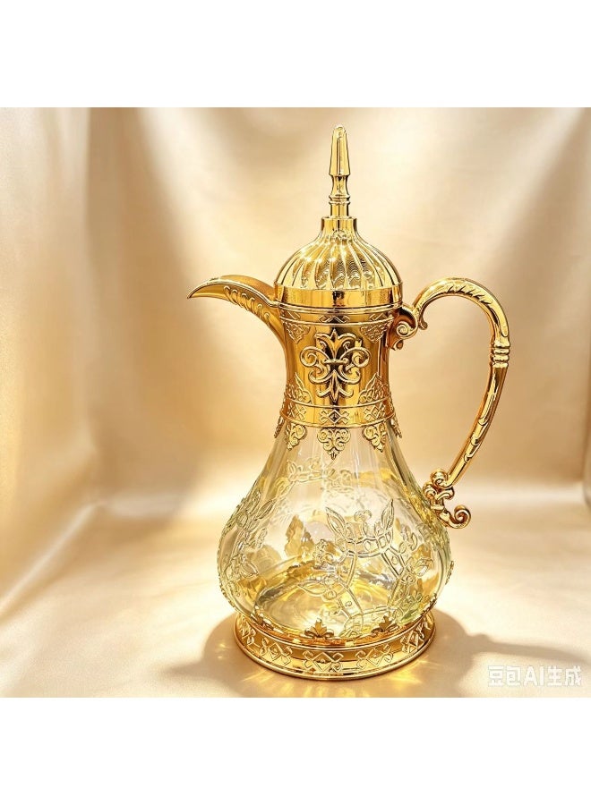 Luxury Arabic Style Glass Water Jug with Golden Electroplated Alloy Details, Embossed Floral Design - Image 1