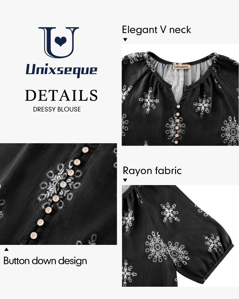 Unixseque Black Blouses for Women: Floral Summer Shirt Boho Cute Tops Lightweight - Beach Vacation Clothes for Women - Flowy Babydoll Tops Ladies Vacation Outfits - Image 4