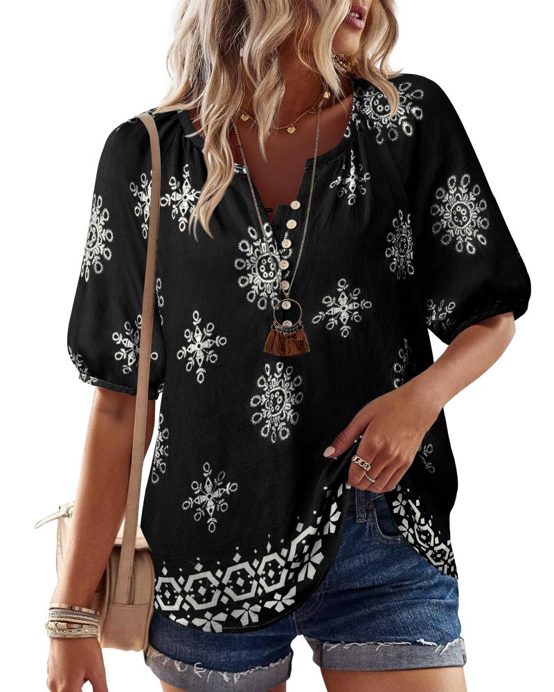Unixseque Black Blouses for Women: Floral Summer Shirt Boho Cute Tops Lightweight - Beach Vacation Clothes for Women - Flowy Babydoll Tops Ladies Vacation Outfits - Image 1