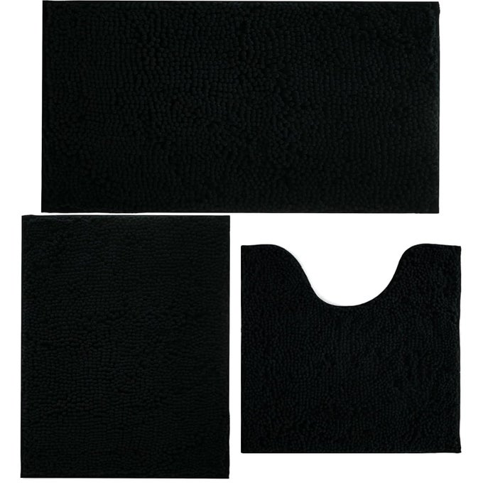 BATHROOM RUGS CHENILLE BATH MAT 3 PIECE SET SUPER ABSORBENT STRONG PVC NON SLIP BACKING BATH MATS FOR BATHROOM PLUSH SHAGGY THICK MACHINE WASHABLE BATHTUB SHOWER TOILET BLACK