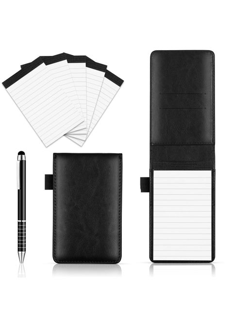 Pocket Notepad Set with Pen and Refills - 5 Small Notepads, 3x5 Inches, 50 Lined Pages per Pad - Perfect for Offices, Schools, and Restaurants（Black）