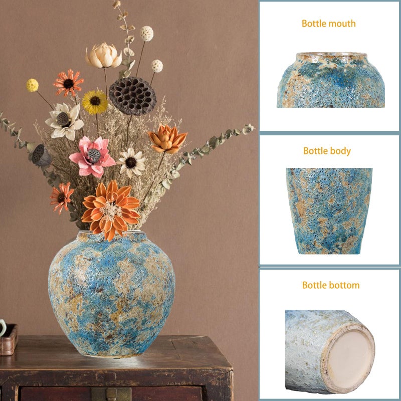 LFGKeng Rustic Ceramic Flower Vase, Tall 8.3in Small Vintage Handmade Distressed Farmhouse Vases, Unique Pottery Clay Vase for Living Room Floor, Bedroom, Bookshelf, Dining Room, Home Decor (Blue) - Image 4