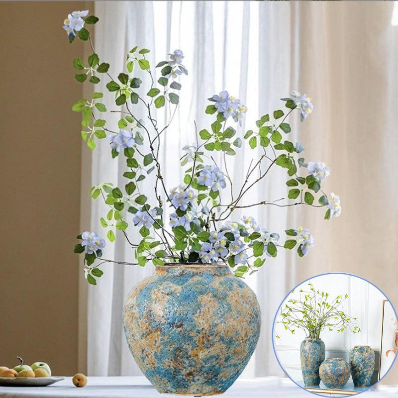 LFGKeng Rustic Ceramic Flower Vase, Tall 8.3in Small Vintage Handmade Distressed Farmhouse Vases, Unique Pottery Clay Vase for Living Room Floor, Bedroom, Bookshelf, Dining Room, Home Decor (Blue) - Image 1
