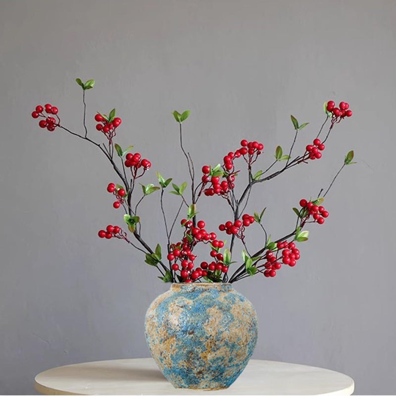 LFGKeng Rustic Ceramic Flower Vase, Tall 8.3in Small Vintage Handmade Distressed Farmhouse Vases, Unique Pottery Clay Vase for Living Room Floor, Bedroom, Bookshelf, Dining Room, Home Decor (Blue) - Image 2
