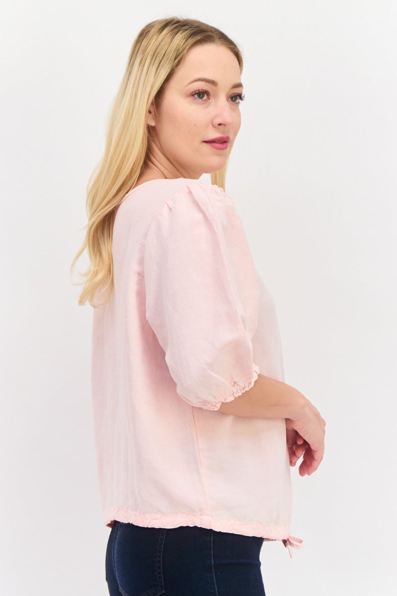 Wrangler Women Round Neck Cap Sleeves Solid Top, Light Pink - Image 2