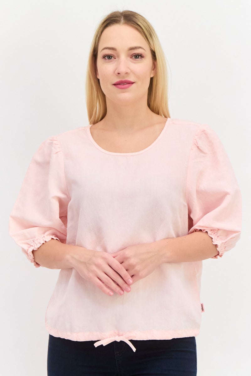 Wrangler Women Round Neck Cap Sleeves Solid Top, Light Pink - Image 1