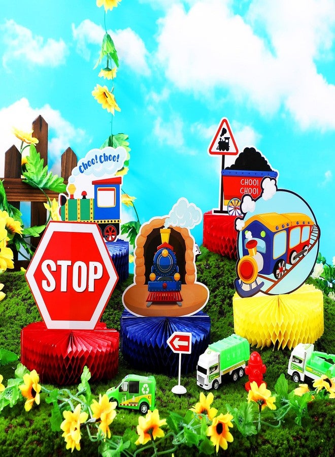 Spakon 9 Pcs Train Birthday Party Decorations Railroad Train Crossing Centerpiece Table Decorations Railway Honeycomb for Kids and Baby Shower Railroad Crossing Sign Table Toppers Photo Booth Prop - Image 4