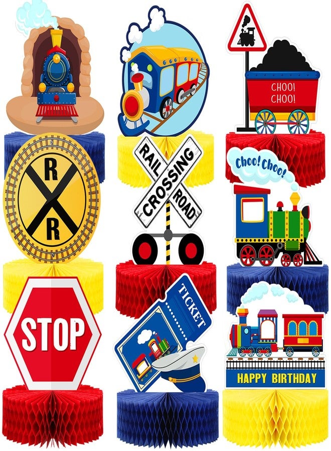 Spakon 9 Pcs Train Birthday Party Decorations Railroad Train Crossing Centerpiece Table Decorations Railway Honeycomb for Kids and Baby Shower Railroad Crossing Sign Table Toppers Photo Booth Prop - Image 1