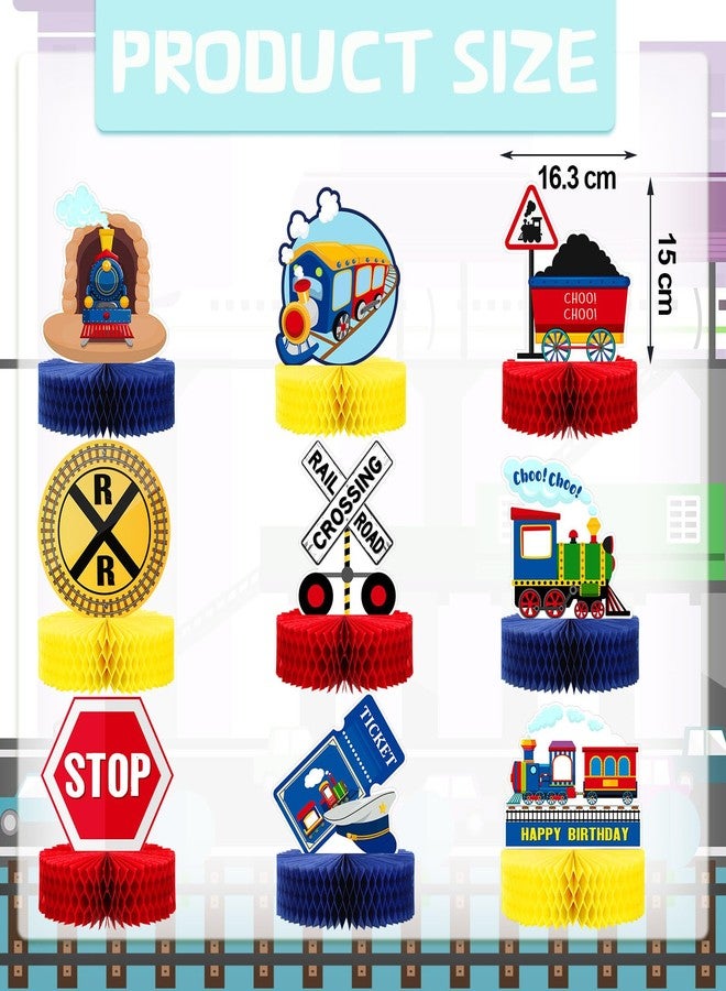 Spakon 9 Pcs Train Birthday Party Decorations Railroad Train Crossing Centerpiece Table Decorations Railway Honeycomb for Kids and Baby Shower Railroad Crossing Sign Table Toppers Photo Booth Prop - Image 2