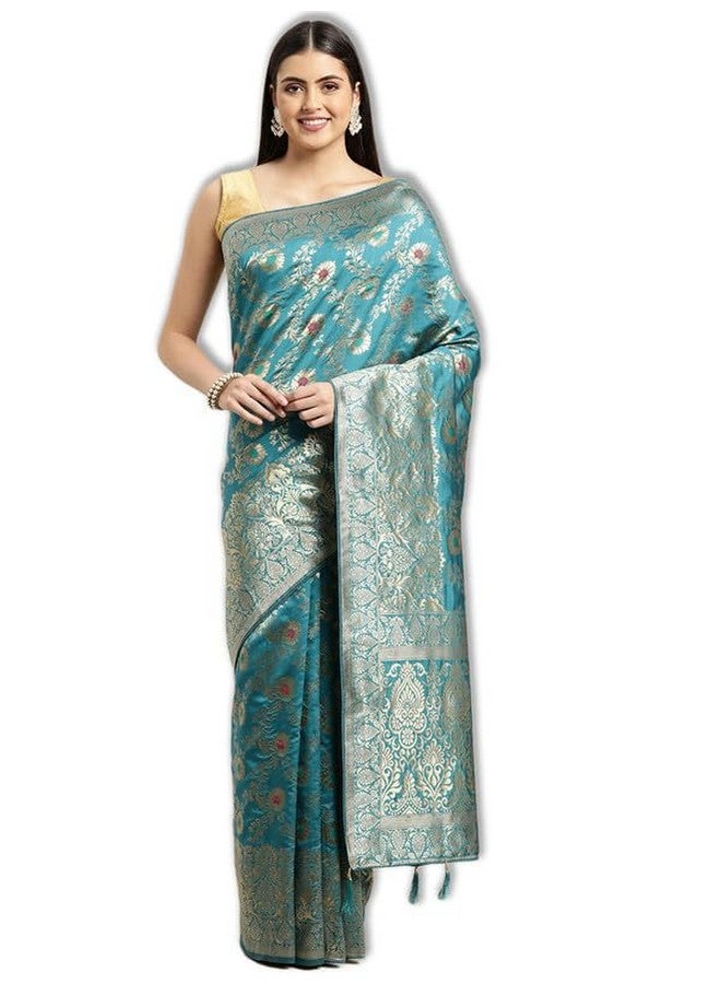 Leeza Store leeza store Women's Turquoise Multicolor Soft Silk Blend Banarasi Saree With Blouse Piece Feature Traditional Floral Patterns, Ethnic Motifs, And Golden Zari Pallu Patola Ethnic Motif - Image 1