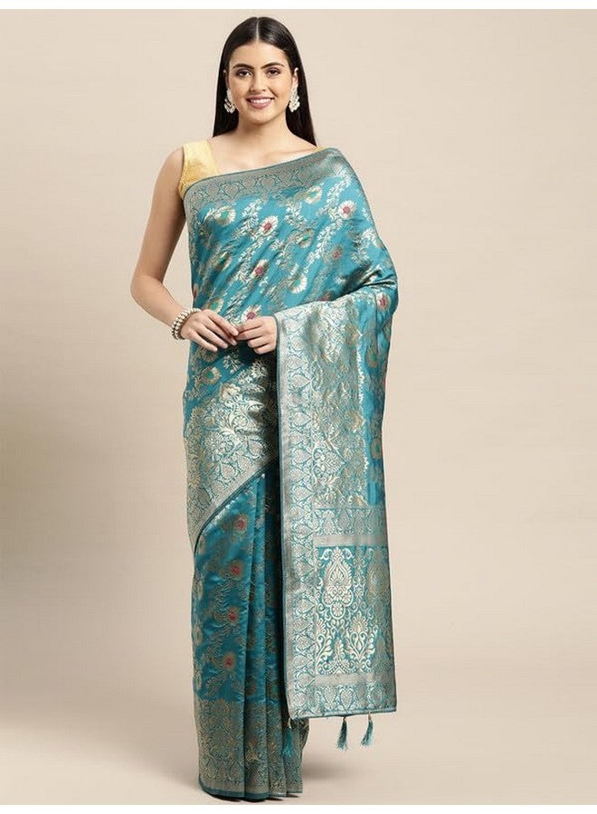 Leeza Store leeza store Women's Turquoise Multicolor Soft Silk Blend Banarasi Saree With Blouse Piece Feature Traditional Floral Patterns, Ethnic Motifs, And Golden Zari Pallu Patola Ethnic Motif - Image 3