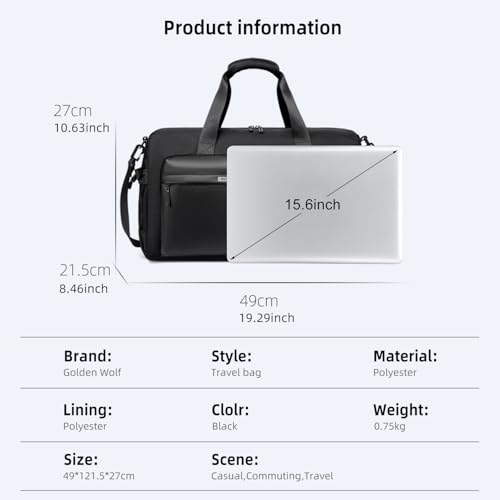 Golden Wolf Travel Duffle Bag for Men 28L Sports Gym Bag with Shoe Compartment Premium Polyester Multi-Function Waterproof Pocket Weekend Commuting Work Office, Black - Image 5