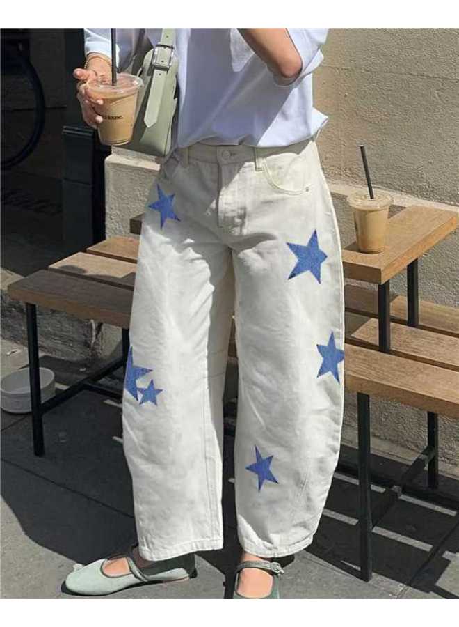 Korean Style Fashion Brand Street Retro Embroidered Denim Long Pants Casual Straight Wide Leg Loose Uni Couple Dress