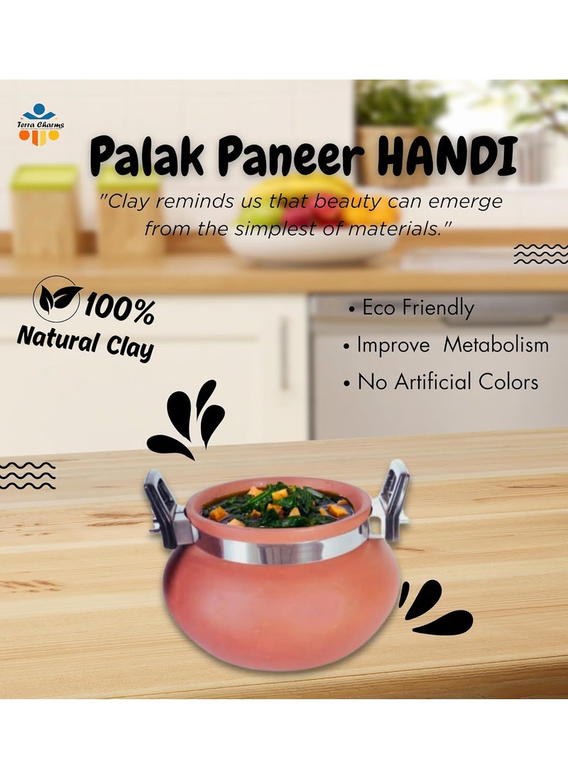 Terra Charms Terra Charms Terracotta Organic Clay Pot Cooking Serving for Palak Paneer Handi for Cooking with Lid and HandleMitti HandiDal Hand 15 LTR  - Image 2