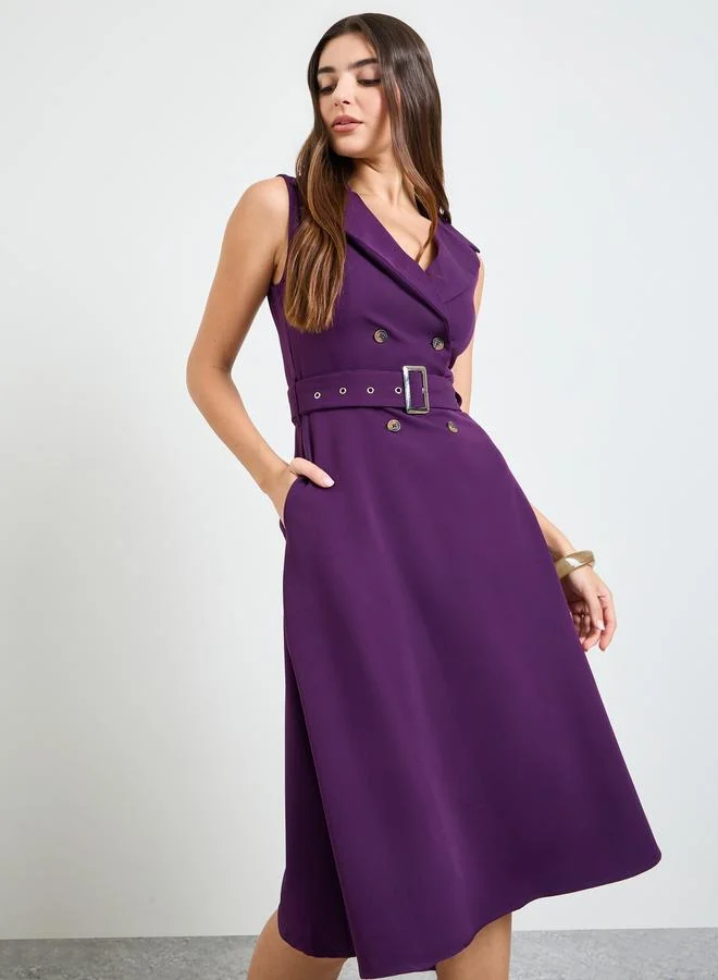 Styli Purple Sleeveless Blazer Midi Dress with Belt