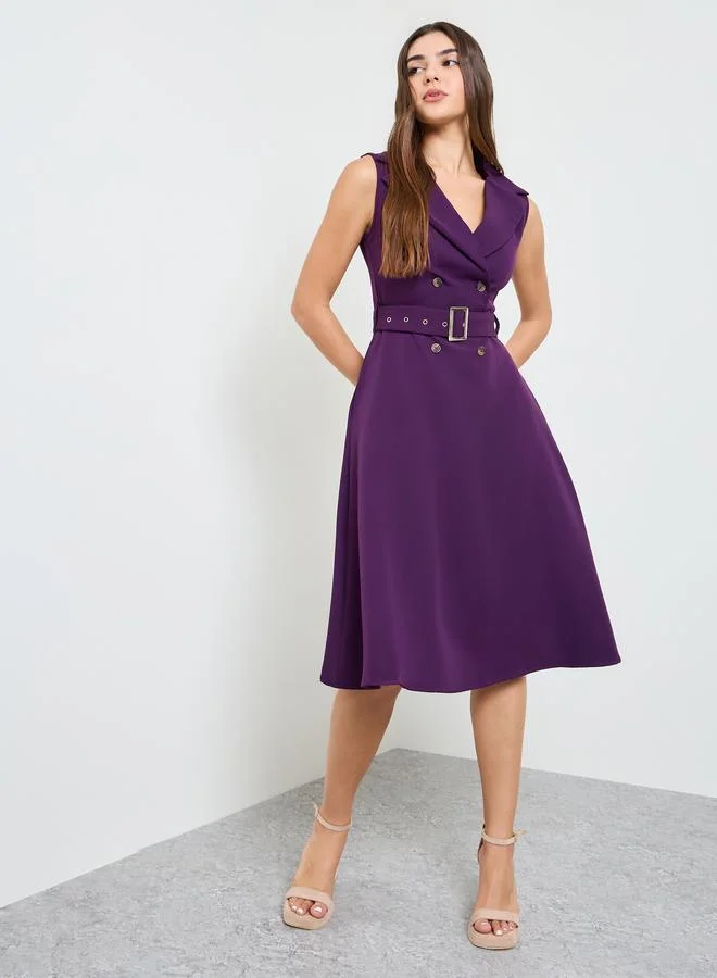Styli Purple Sleeveless Blazer Midi Dress with Belt