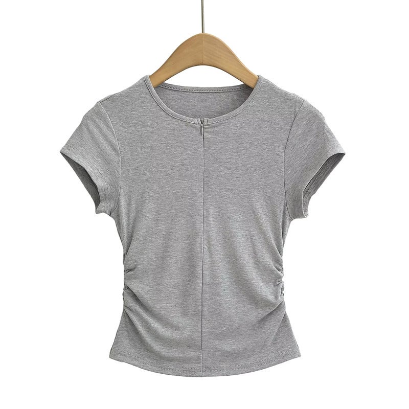 American Style Spice Girl Crewneck Zipper Fake Two-Piece Short-Sleeved T-Shirt Side Waist Pleated Slim-Fit Short Top Ins - Image 5