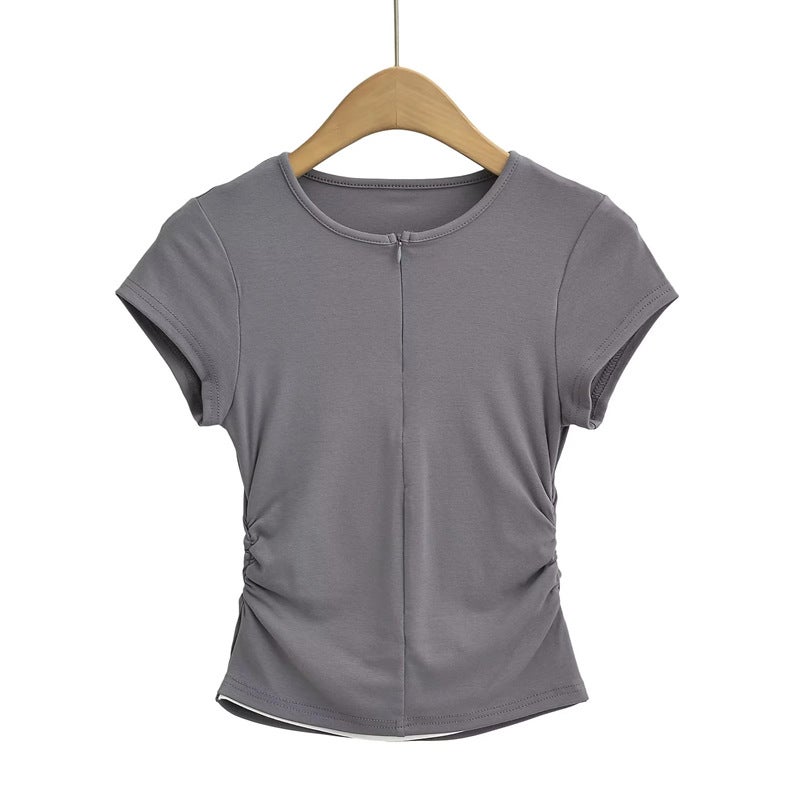 American Style Spice Girl Crewneck Zipper Fake Two-Piece Short-Sleeved T-Shirt Side Waist Pleated Slim-Fit Short Top Ins - Image 3