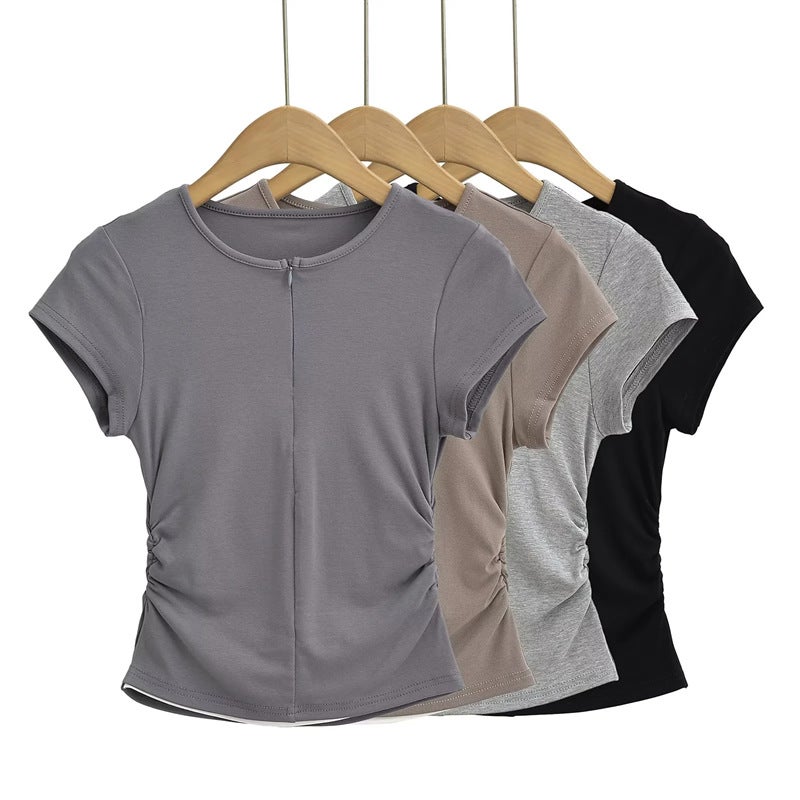 American Style Spice Girl Crewneck Zipper Fake Two-Piece Short-Sleeved T-Shirt Side Waist Pleated Slim-Fit Short Top Ins - Image 2