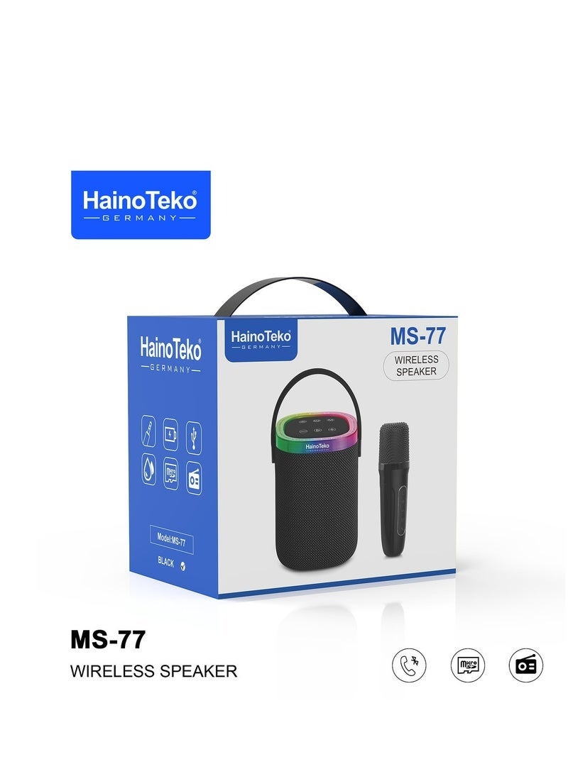Haino Teko MS-77 Portable Bluetooth Speaker with Wireless Mic, Built-in Microphone, FM Transmitter, USB Charging, High Bass Sound System – Black - Image 2
