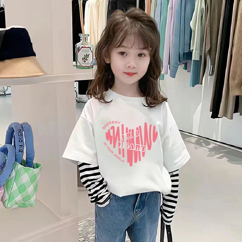 G2272# Cotton Boys And Girls Fake Two-Piece T-Shirts For Middle And Big Children'S Leisure Long Sleeve Children'S Loose T-Shirts Tide - Image 3