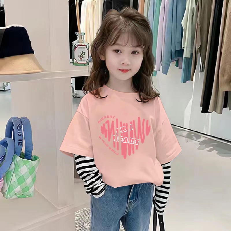 G2272# Cotton Boys And Girls Fake Two-Piece T-Shirts For Middle And Big Children'S Leisure Long Sleeve Children'S Loose T-Shirts Tide - Image 4