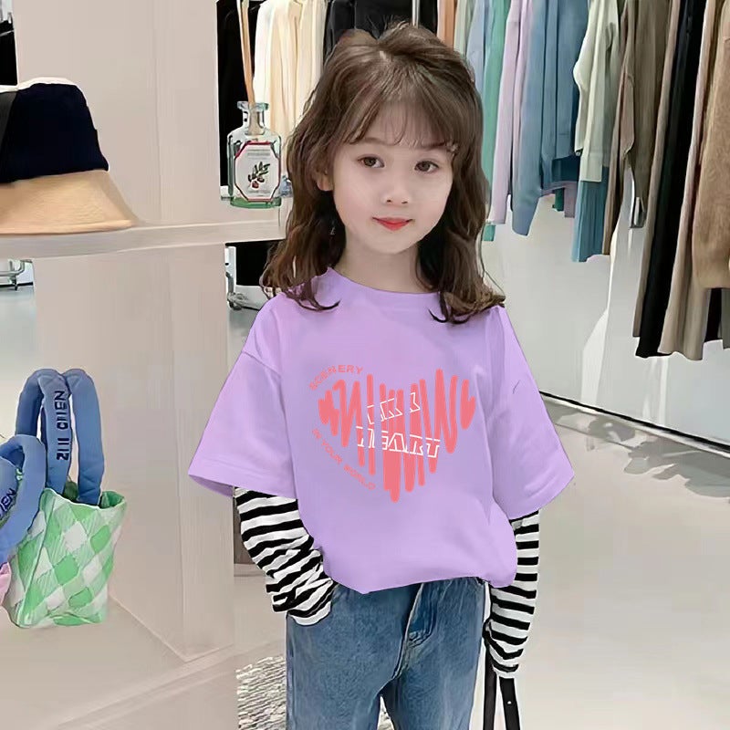 G2272# Cotton Boys And Girls Fake Two-Piece T-Shirts For Middle And Big Children'S Leisure Long Sleeve Children'S Loose T-Shirts Tide - Image 5