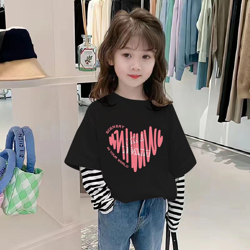 G2272# Cotton Boys And Girls Fake Two-Piece T-Shirts For Middle And Big Children'S Leisure Long Sleeve Children'S Loose T-Shirts Tide - Image 1