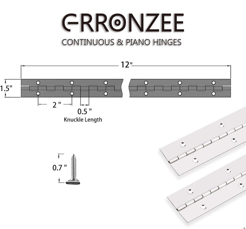 GRRONZEE 2PCS Piano Hinge 12 Inch x 1.5 Inch Stainless Steel Continuous & Piano Hinge Heavy Duty Piano Hinges, 0.04" Leaf Thickness, 0.5" Knuckle Length, Screw Included - Image 2